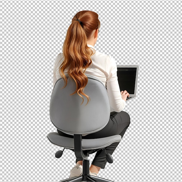 PSD 女性が膝にラップトップを持って椅子に座っている