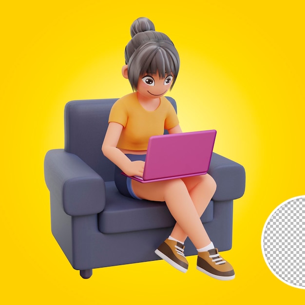 A woman sitting in a chair with a laptop in her lap.