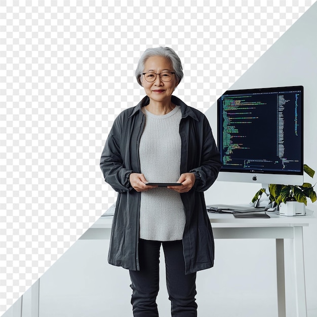 a woman stands in front of a computer with the word code on it