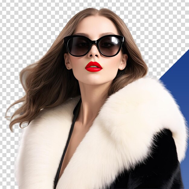 PSD a woman wearing a fur coat and sunglasses with a blue and white background