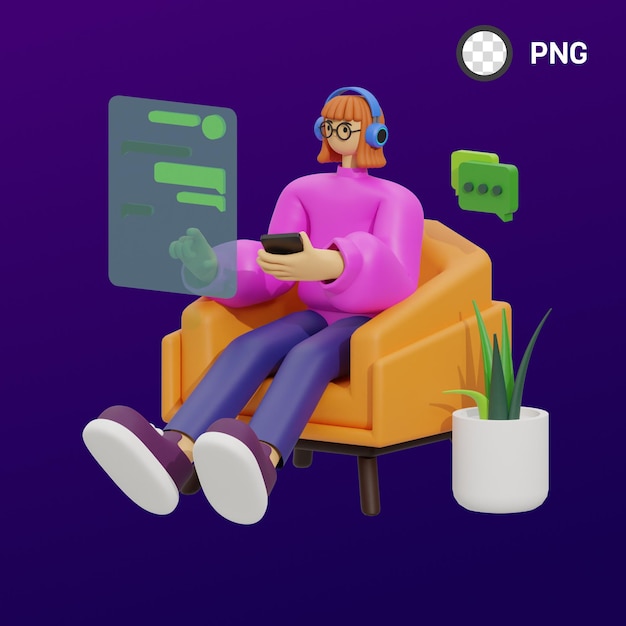 PSD Женщина в наушниках сидит в оранжевом кресле с зеленым экраном с надписью png.