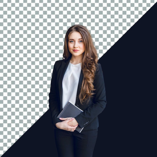 a woman with a book in her hand is standing in front of a black and white background