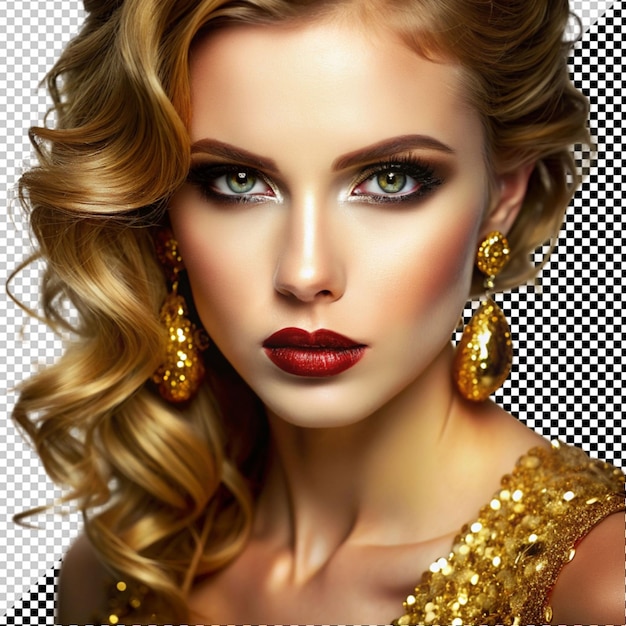 PSD Женщина с золотым лицом и золотым макияжем золотой блеск на ее лице