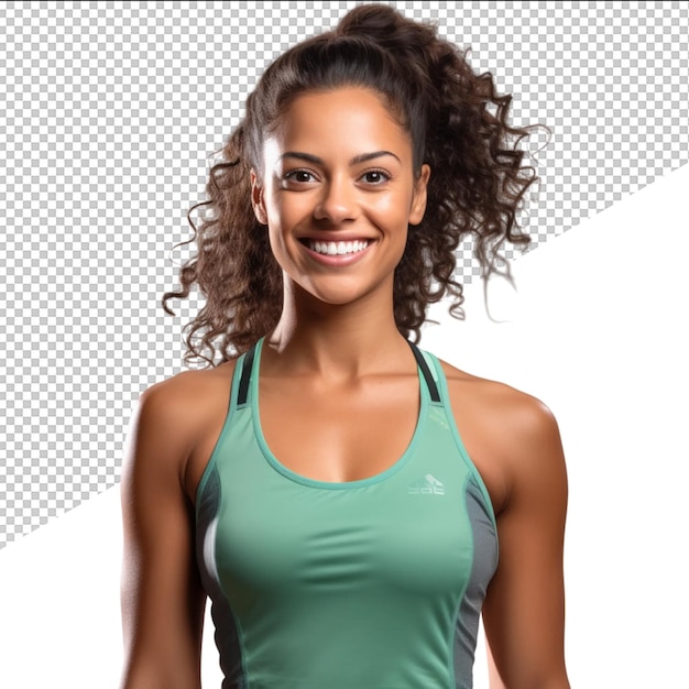 PSD a woman with curly hair wearing a green tank top with a white logo on it