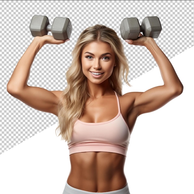 PSD a woman with dumbbells that say shes holding up dumbbells