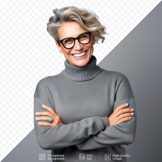 PSD Женщина в очках и свитере с надписью 