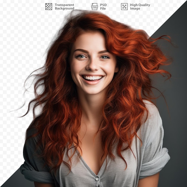 PSD Женщина с рыжими волосами улыбается и улыбается.