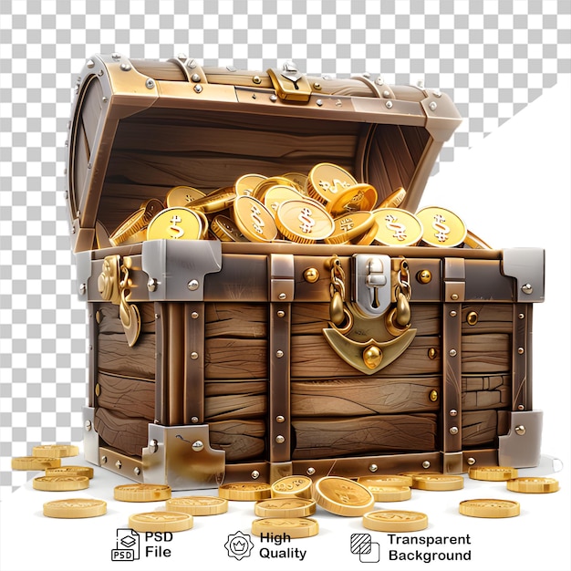 PSD Деревянный ящик с золотыми монетами на прозрачном фоне