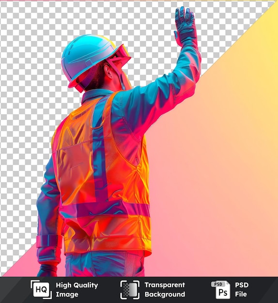 PSD Рабочий в жилете и шлеме с поднятой рукой в знаке остановки, стоящий перед розовой стеной.