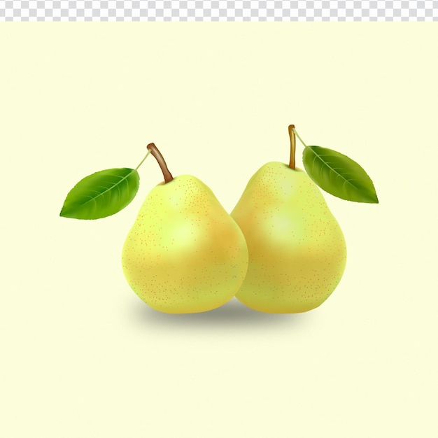 A yellow background with two 3d pears and a green leaf on it