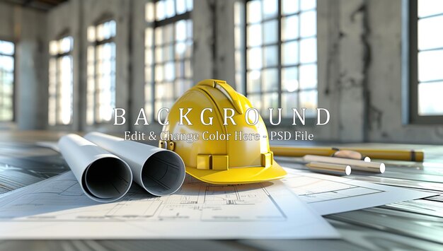a yellow helmet and blueprints on a table building construction concept 3d rendering