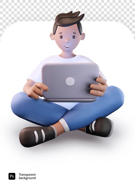 A young brunette 3D guy sits crosslegged on the floor and holds a laptop on his knees