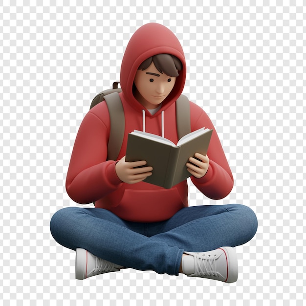 a young student engrossed in reading a book on transparent background