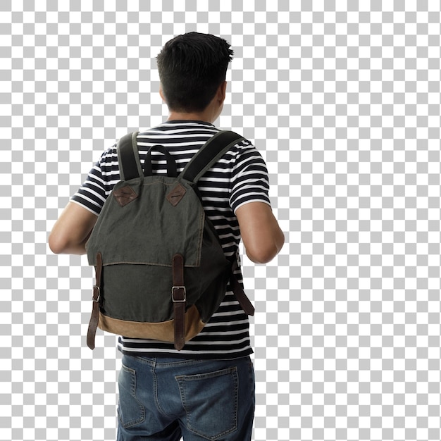 A young traveler man with backpack in look searching direction on location map transparent background png Adventure and travel in the mountains region concept