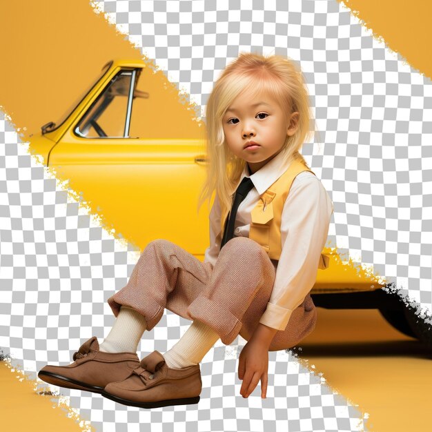 Очаровательная девочка дошкольного возраста с блондинками из восточной азии, одетая в костюм таксиста, позирует в стиле сидения с одной ногой на пастельно-желтом фоне