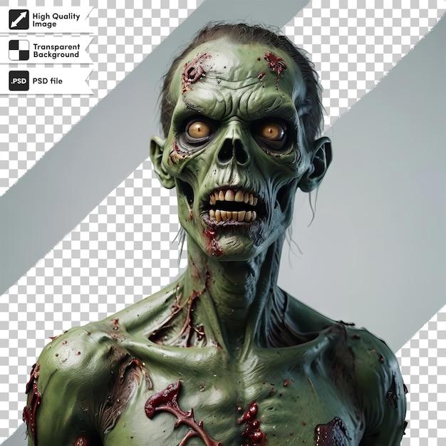 PSD Человек-зомби с зеленым лицом зомби и фотографией зомби внизу
