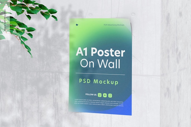 Poster a1 su mockup a parete, vista a destra