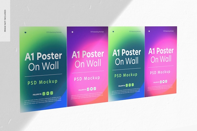 Poster a1 su mockup a parete, vista da sinistra