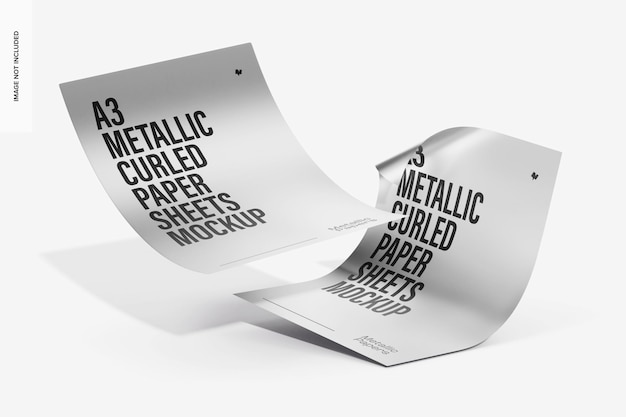 PSD a3 metallic gekrulde vellen papier mockup, zwevend