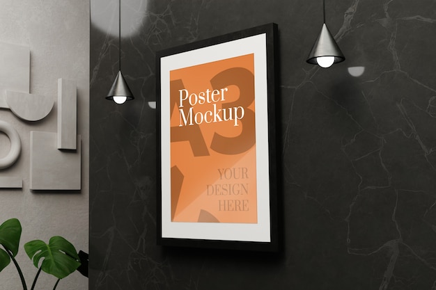 Mockup di poster a3 sul muro di marmo nero