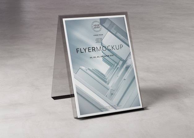 PSD a4 flyer display stand on concrete mockup