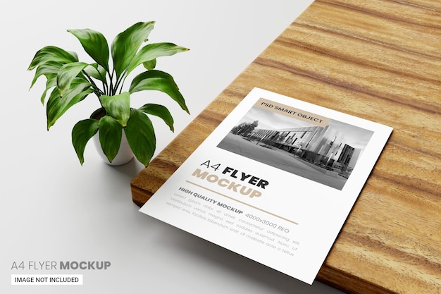 A4 flyer poster mockup in 3D render met groen blad en houten achtergrond
