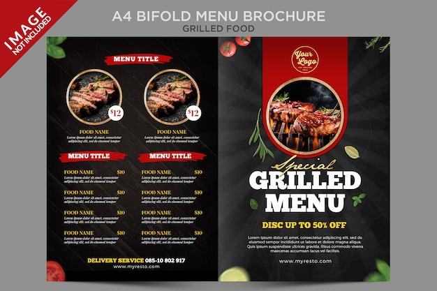 Brochure del menu bifold di cibo alla griglia a4