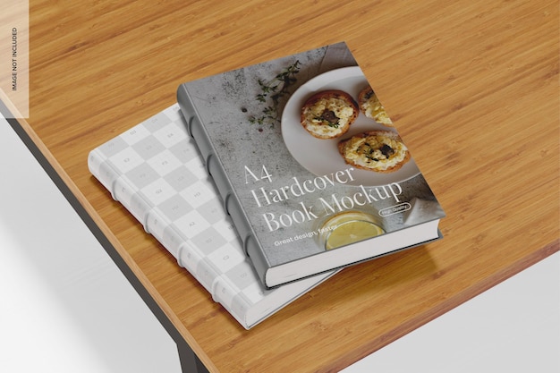 A4 hardcover boeken op tafel mockup linkszicht