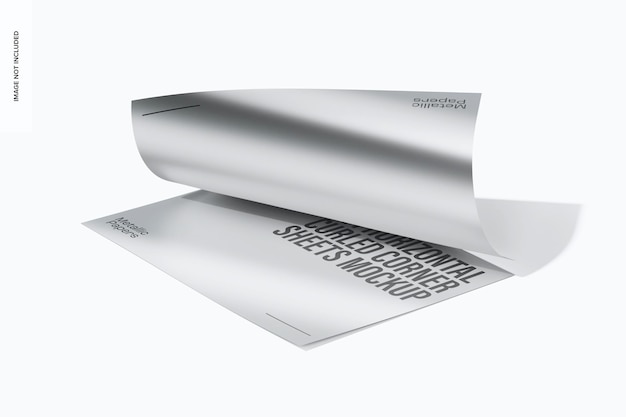 PSD a4 horizontal metallic curled corner sheets mockup, left view