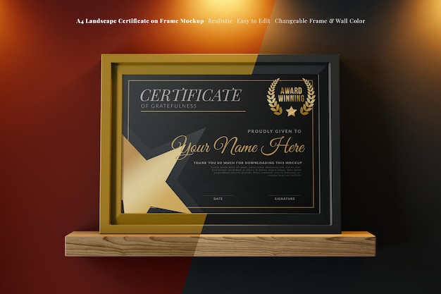 PSD a4 landscape elegant frame certificate mockup on wooden shelf in dark interior