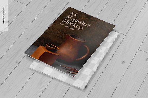 a4 magazines on wood mockup