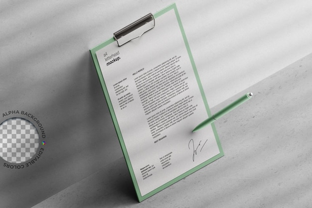 PSD a4 office stationery document file clipboard mockup with pen contract signing concept isometric