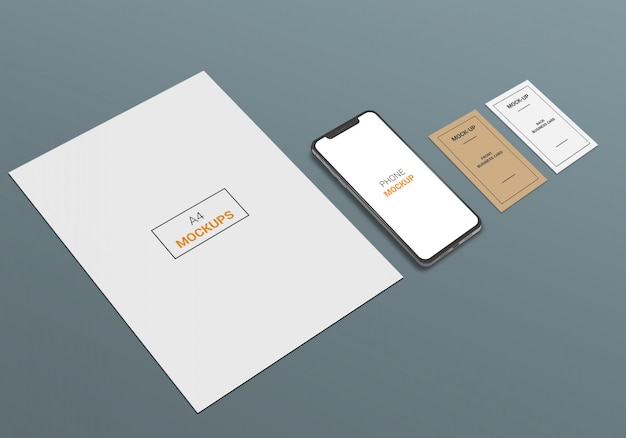 A4 page, phone and business card mock-up