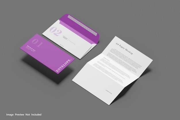 Rendering 3d di mockup di carta e busta a4