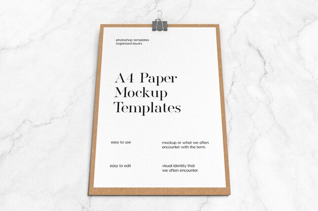 A4 paper mockup template on clipboard and marble background