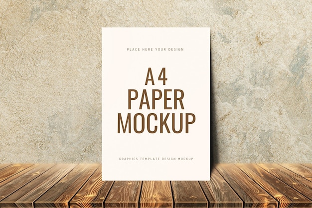 A4 Paper Mockup Wood Surface with Leaning on Grunge Texture Background