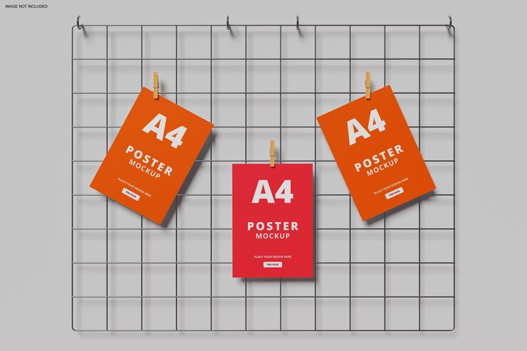 PSD a4 poster mockup with wire grid
