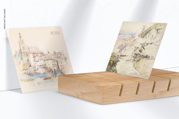 A4 Poster on Wood Exhibition Rack Mockup, Leaned