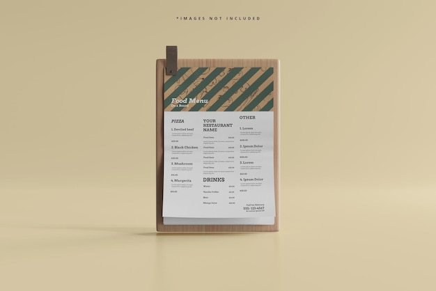 a4 size food menu on a wooden board mockup