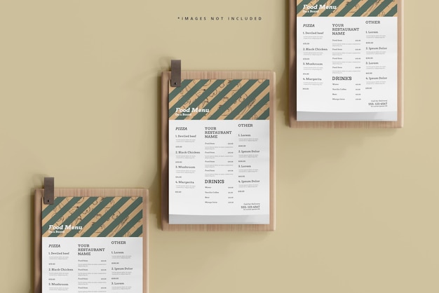 A4 size food menus on a wooden board mockup