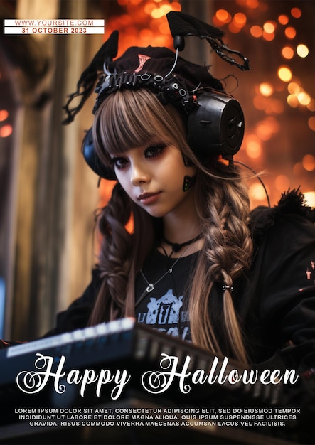 PSD poster di halloween in formato a4 con la ragazza di halloween felice halloween