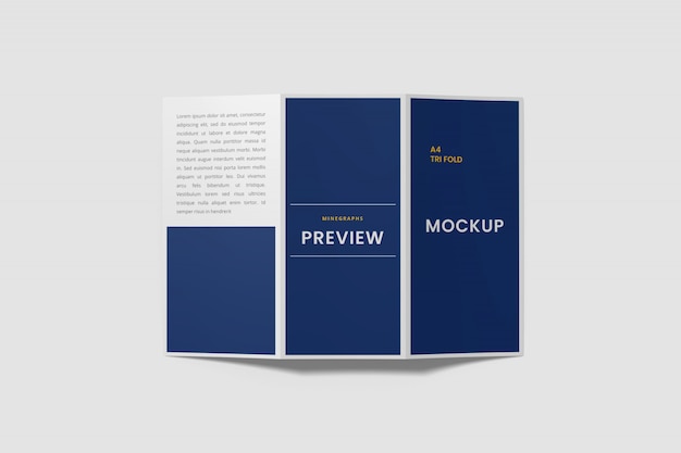 Mockup di brochure a tre ante a4 vista dall'alto