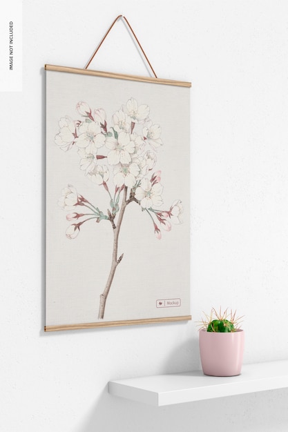 A4 wooden frame poster hanger mockup, perspective