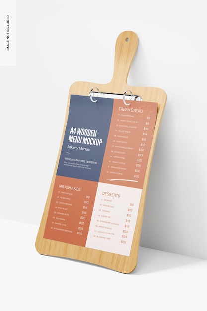 Mockup di menu in legno a4, appoggiato