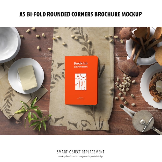 A5 bi-fold rounded corners brochure mockup