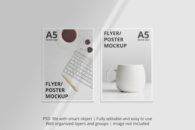 PSD a5 flyer brochure mockup with shadow overlay