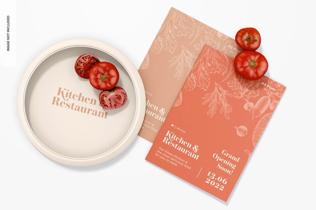 A5 flyer with kitchen plate mockup top view