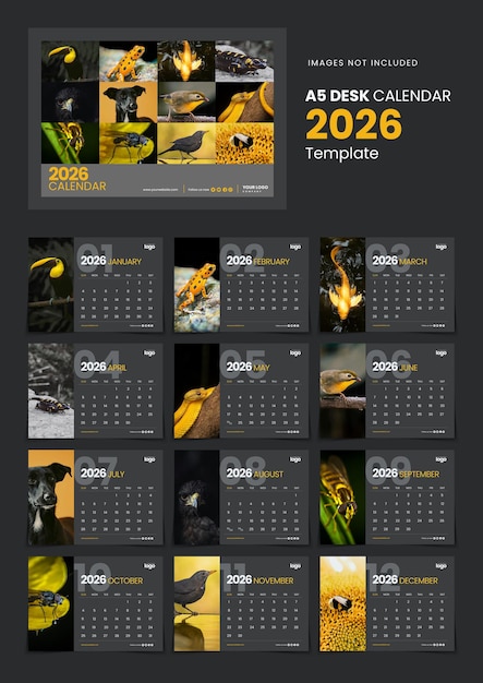 A5 Kalendarz biurkowy 2026 Szablon z zwierzętami