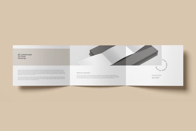 a5 landscape trifold brochure mockup top angle view