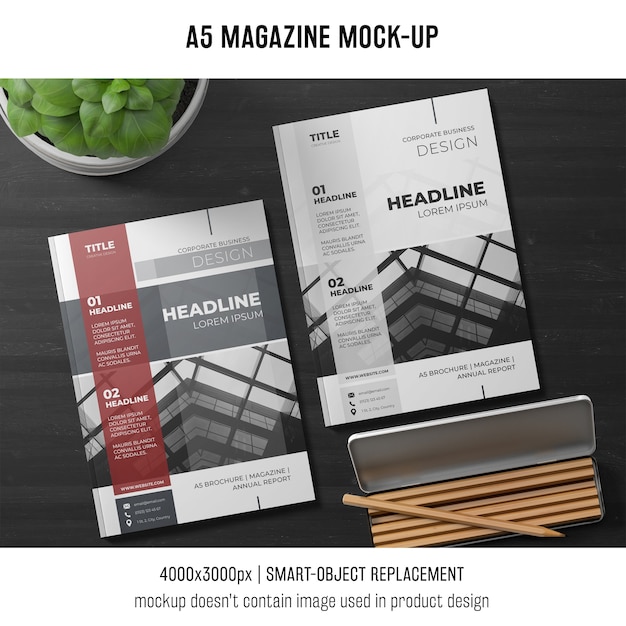 a5 magazine mockup with plant and pencils